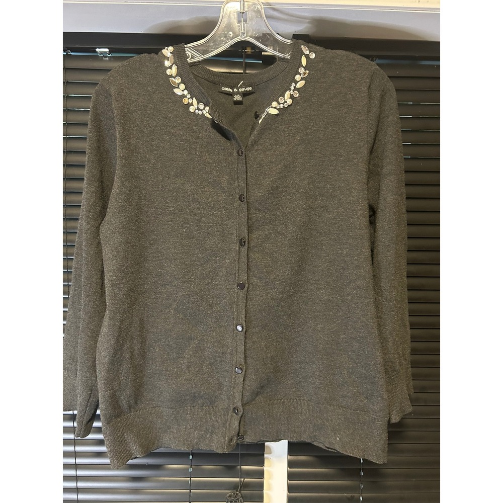 Cable & Gauge Cardigan Womens L Dark Gray Embellished Beaded Neckline Classic